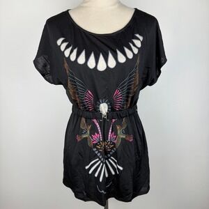 Miuse Womens Black Tribal Bird Double Graphic Belted Tunic Top Size Small
